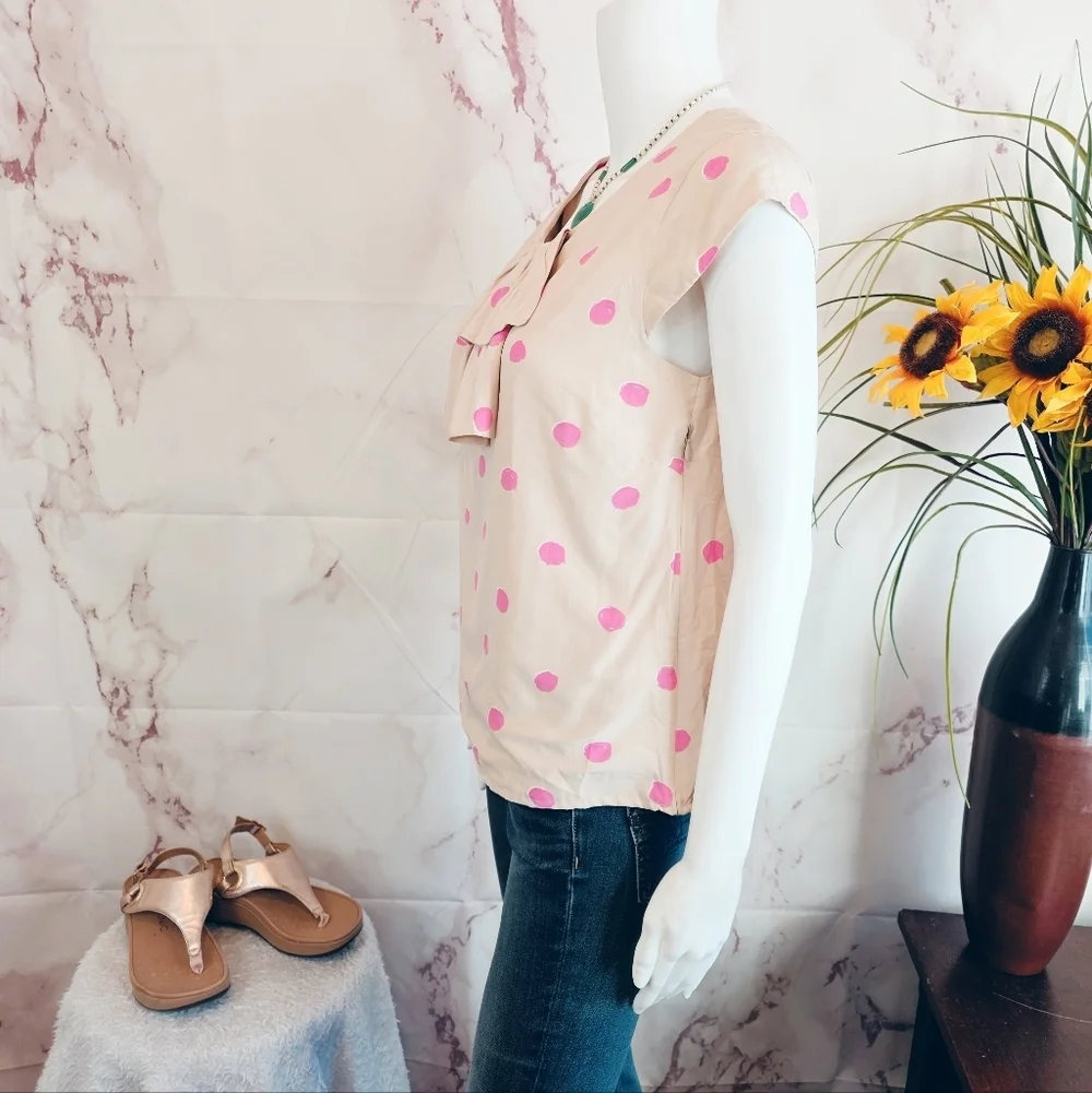Kate Spade Polka Dot Ruffle Blouse Pink Cream Silk Side Zip Lined